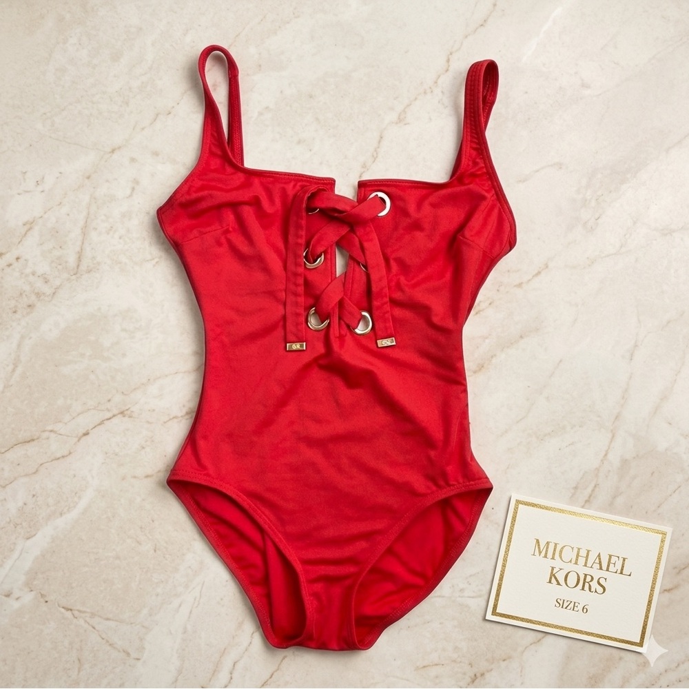 MICHAEL KORS Women’s 1-Piece Lace-Up Swimsuit Coral Gold Grommet Full Coverage 6